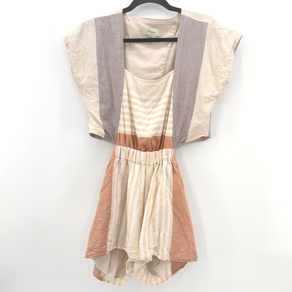 Anthropologie Elevenses Striped Linen Romper Open Back Boho Coastal Vacation XS